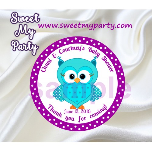 Turquoise Purple Owl Baby Shower stickers,Purple Turquoise Owl Baby Shower thank you tags,(002)